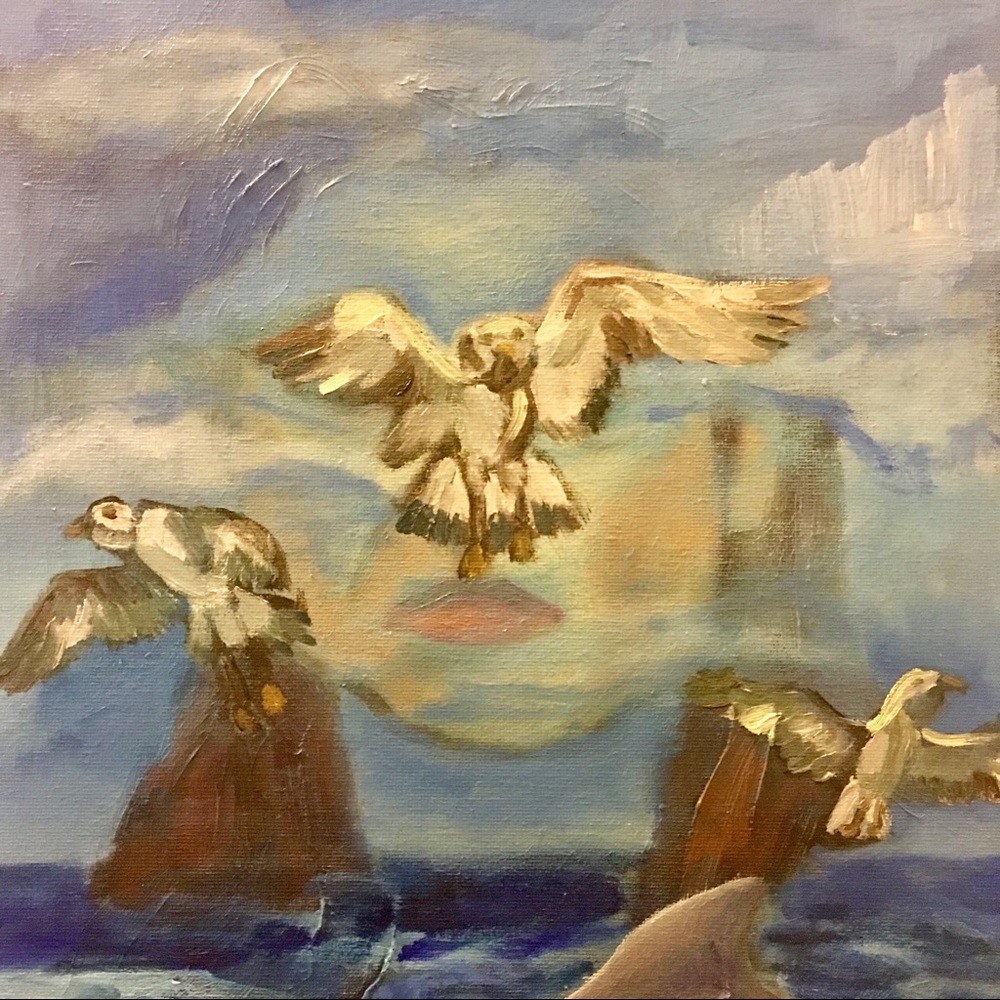 SURREALIST WHIMSICAL portrait seascape painting, oil on canvas